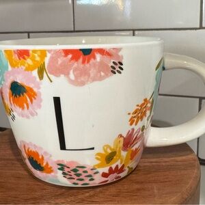 Opal House Mug  “L” on White Background with Black Letter and Flowers nwot